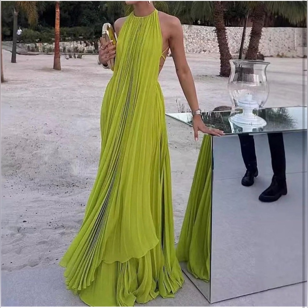 Amazon Bright Lime Green Pleated Maxi Dress/set